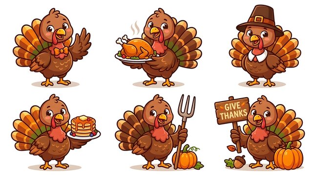 Set of cute cartoon turkey characters for thanksgiving celebration