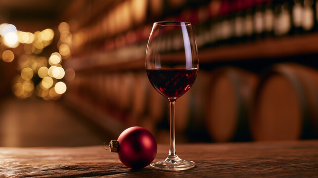 Red wine glass and Christmas ornament on a wooden table in a traditional wine cellar with warm festive lights and copy space. 