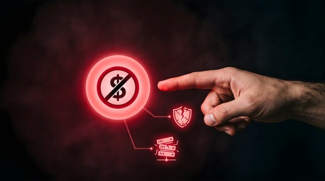 Human hand points at glowing red no dollar icon symbolizing digital financial crisis.