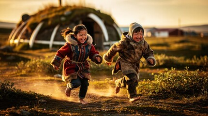 Fototapeta premium Indigenous children in traditional parkas running and laughing outdoors. Young boy and girl playing near a sod house at sunset. Cultural heritage theme for anthropology and travel marketing.
