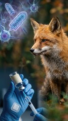 Naklejka premium Epidemiological outbreak control: wild animal, rabies virus, nerve cell, rhabdovirus danger, vaccine vial, protect public, health hazard, prevent spread, medical treatment.