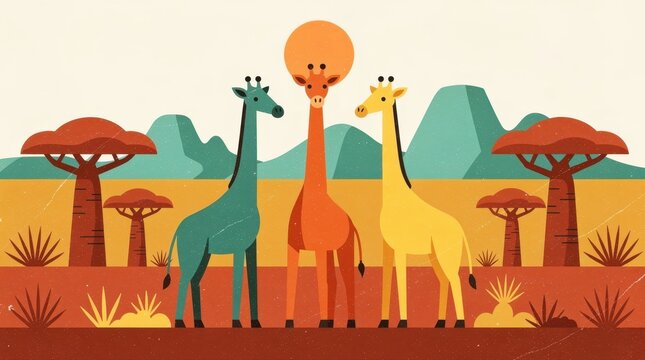 Three stylized colorful giraffes standing in an African savanna with baobab trees. Minimalist flat vector illustration featuring geometric shapes. Modern wildlife art for nursery decor and posters.