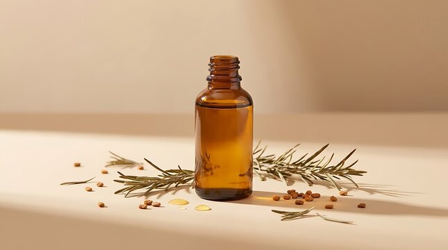 Small brown glass bottle of essential oil with fresh pine needles on a light wooden table surface. thickening hair oil
