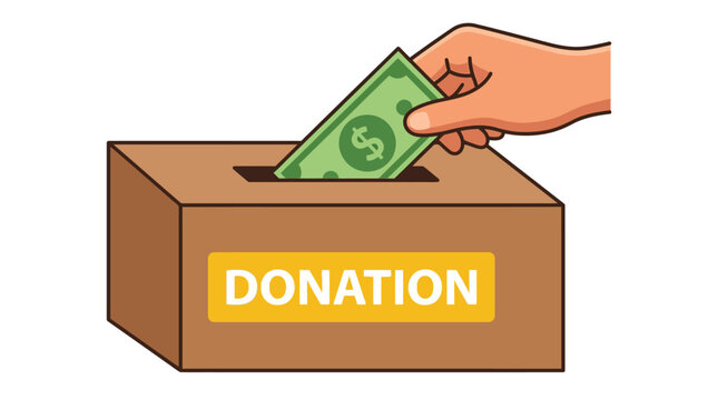 Hand putting dollar banknote into donation box, charitable giving and financial support concept vector illustration