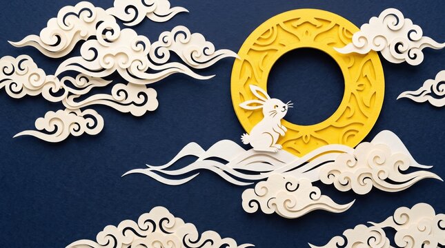 Mid autumn festival, with full moon and rabbit in paper cut style