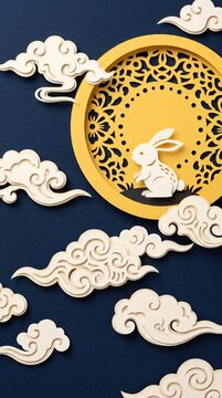 Mid autumn festival, with full moon and rabbit in paper cut style