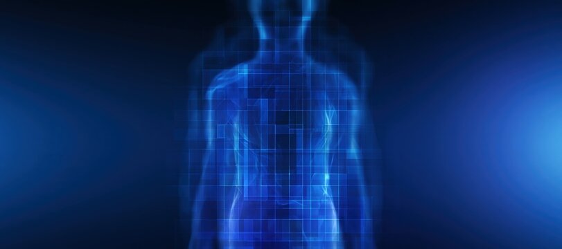 Translucent human silhouette with digital grid and fabric thread elements on blue gradient