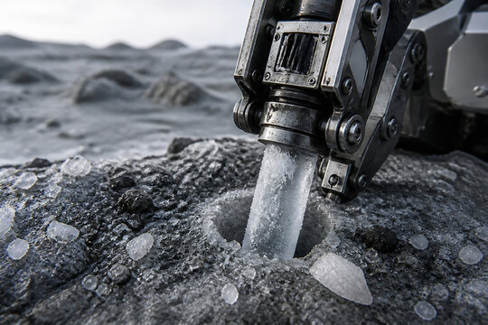 A robotic arm is drilling into a rocky, icy surface on an extraterrestrial landscape.