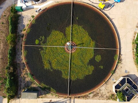 Aerial view of the circular sedimentation tank at Raunds Water Recycling Centre with green algae and dark water, Raunds, England, United Kingdom.