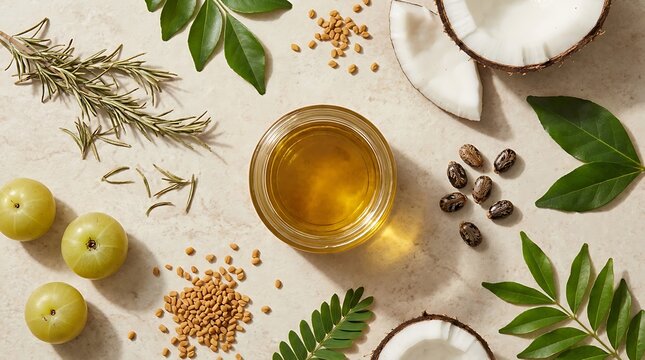Natural herbal oil in a glass bowl surrounded by fresh coconut pieces rosemary leaves and seeds. thickening hair oil