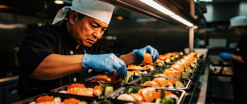 Chef preparing sushi bento boxes in a commercial kitchen. Professional cook assembling salmon sashimi trays with roe. Culinary food service concept for restaurant delivery and catering ads.