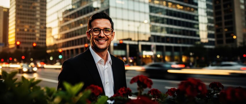 Smiling businessman in a suit and glasses standing on an urban city street at sunset. Professional posing with blurred car light trails and skyscrapers. Leadership concept for corporate marketing.