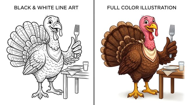 Comparison of a black and white line art coloring page and a full color illustration of a cartoon turkey holding a fork at a dining table