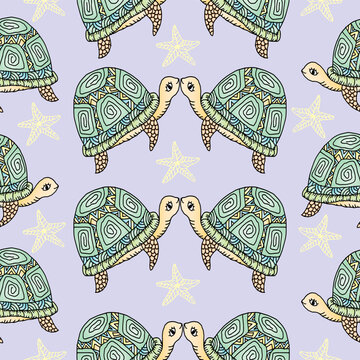 Hand-drawn turtle and starfish light purple pattern background