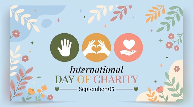 International Day of Charity banner, September 05 celebration poster, floral background with heart and hand icons, philanthropic event design