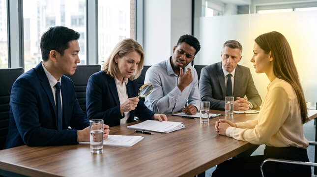 A serious job interview takes place with a diverse panel of interviewers questioning a candidate across a conference table, reflecting professionalism and opportunity.