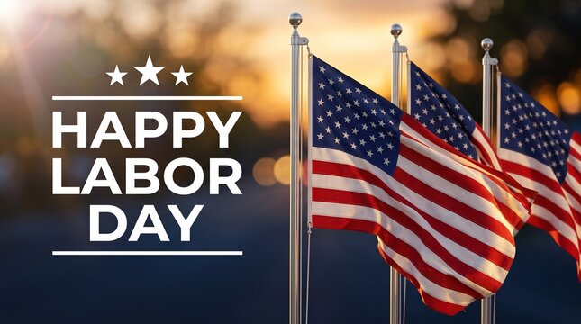 Happy Labor Day greeting with American flags. Patriotic holiday celebration background. USA flags on poles at sunset.
