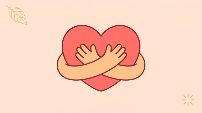 Minimalist heart hug illustration, self care and mental health concept, red heart with embracing hands on peach background