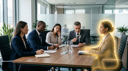 Fototapeta premium A female job candidate, highlighted with a golden aura, confidently faces a panel of interviewers in a modern boardroom, symbolizing opportunity and career advancement.