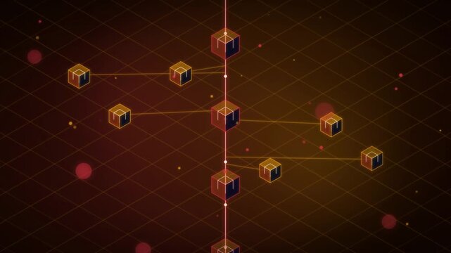 Interconnected digital cubes animate along glowing vertical pathways in this abstract dark technology motion video clip