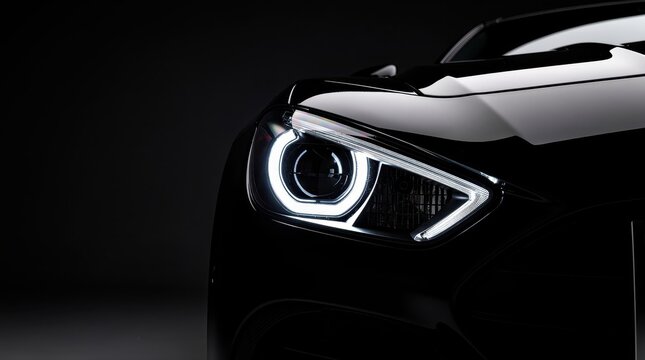 Close-up of modern LED headlight on a sleek black sports car. Premium automotive design featuring bright projector optics and halo ring lighting. Luxury transportation concept for car marketing.