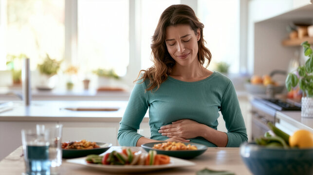 a young woman sitting at a dining table after a meal, gently holding her stomach with both hands while showing a subtle expression of digestive discomfort, gastrointestinal health, indigestion concept