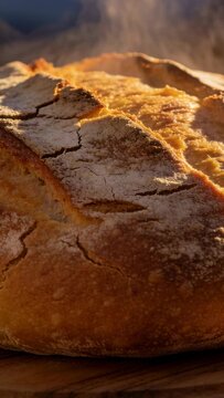 Vertical video: Releasing steam, fresh-baked artisan loaf cooling on wood board, golden backlit rim