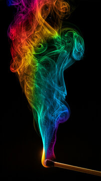 a single burning wooden matchstick with rainbow-colored smoke  isolated on black background