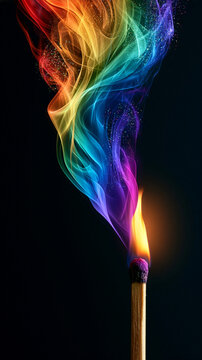 a single burning wooden matchstick with rainbow-colored smoke  isolated on black background