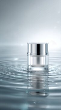A premium unbranded transparent cosmetic container standing above calm reflective water