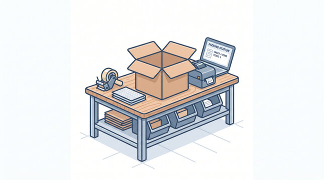 Efficient online order fulfillment station for small businesses, featuring essential packaging materials, a label printer, and a laptop for streamlined e-commerce operations