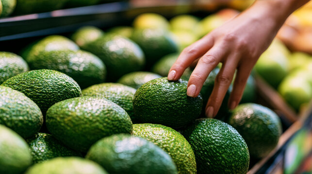 A woman's hand are selecting ripe avocados in an organic grocery store, in the fresh produce section
