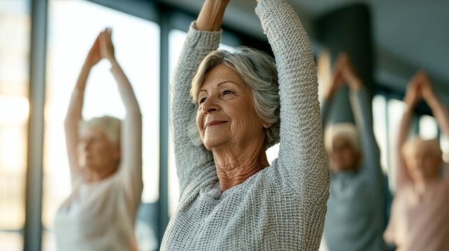active senior women practicing chair yoga together in a bright modern wellness studio