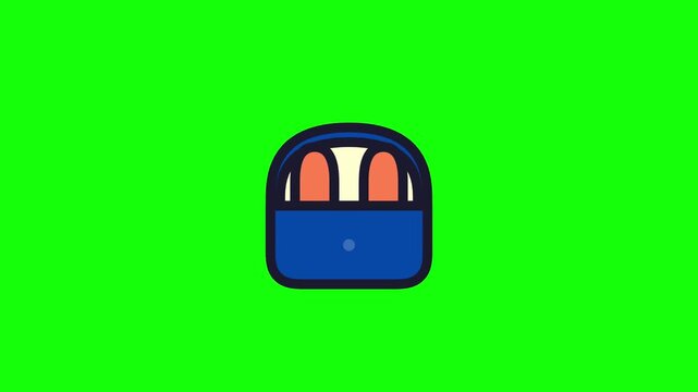 Minimalist flat vector icon of an open blue wireless earbud charging case containing two orange earbuds, featuring thick outlines and a solid neon green chroma key background.