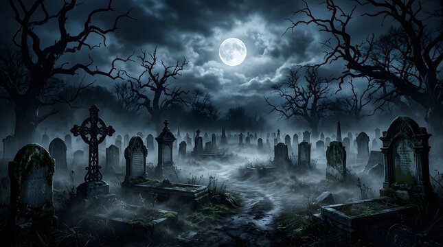 A hauntingly beautiful graveyard scene under a full moon evoking a sense of mystery and the spirit of halloween night