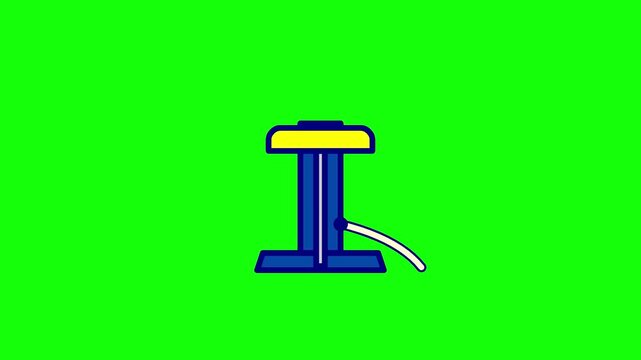 Blue and yellow manual hand air pump vector illustration with a white hose, isolated on a vibrant green screen background for easy digital compositing and graphic design use.