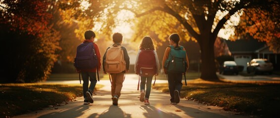 Naklejka premium Children walking with backpacks on a suburban sidewalk during autumn. Group of elementary students going to school under golden sunset light. Back-to-school concept for education marketing banners.