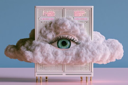 Surreal cloud with eye emerges from minimalist cabinet against a soft blue backdrop
