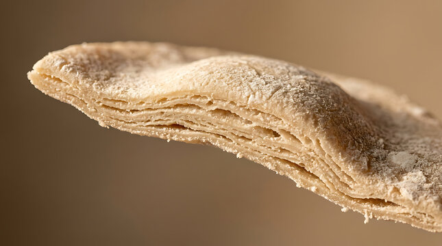 Close-up of layered flatbread texture with flour dusting, macro food background