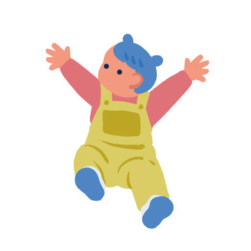 保育園・幼稚園素材：オーバーオール姿の幼児が両手を挙げて喜ぶイラスト