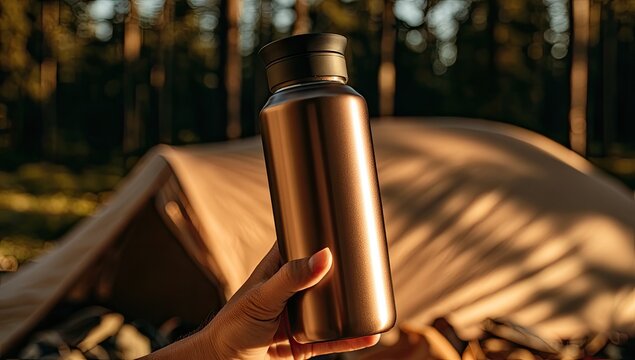 Hand holds metallic water bottle in forest setting near tent