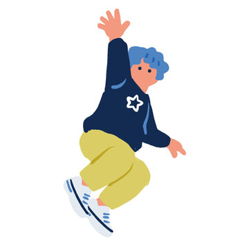 青髪の幼児が片手を挙げて弾むイラスト