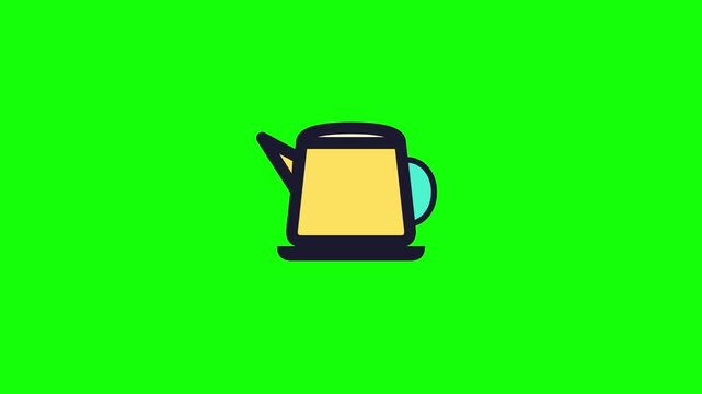 Flat vector illustration of a yellow watering can pouring a white stream of water, featuring bold black outlines on a bright green background for gardening and agriculture themes.