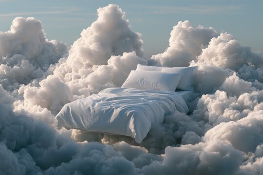 Surreal dreamlike bed floats serenely amidst soft, billowing clouds in an ethereal sky