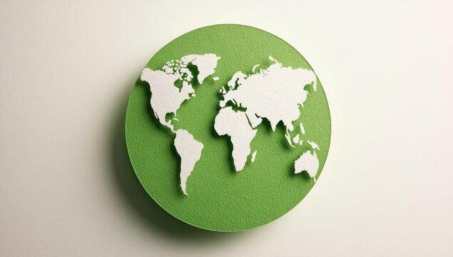 A flat, stylized paper cutout of the Earth's continents on a green circle