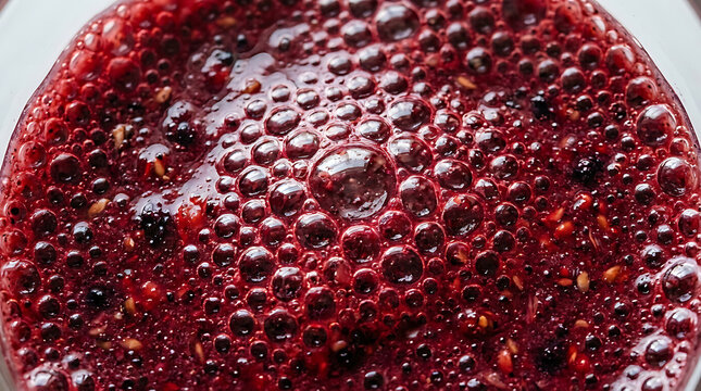 Close-up of vibrant red berry smoothie with frothy bubbles and seeds