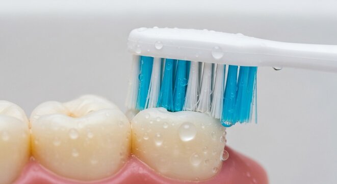 Extreme close-up of a toothbrush cleaning teeth with water droplets, emphasizing oral hygiene and dental care.