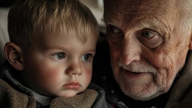 Close-up portrait of an elderly man and a toddler highlighting a generational bond