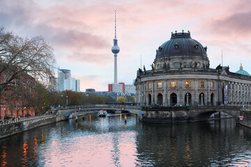 Beautiful panorama of Berlin showing Museum Island, the bridge over the river Spree and Berlin TV tower at sunset, Germany © jayyuan