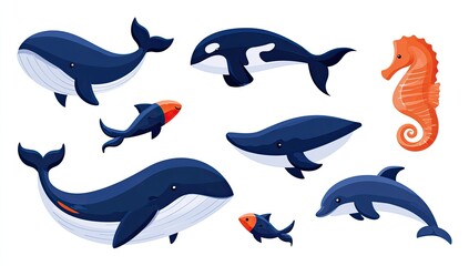 Naklejka premium Diverse marine creatures including whales, dolphins, orcas, and seahorse